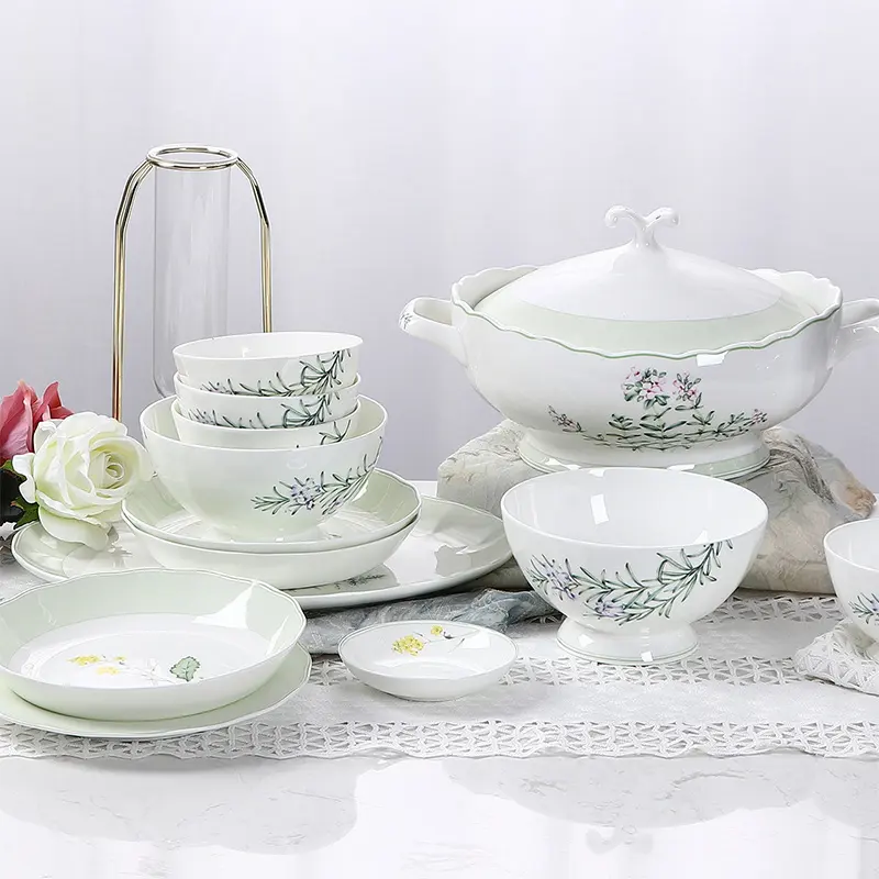 Utensílios de cozinha de porcelana, conjunto de louças de cerâmica elegantes em formato de flor, verde e branco