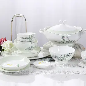 good quality New product green and white hotel used porcelain tableware elegant flower shaped ceramic dinnerware+sets