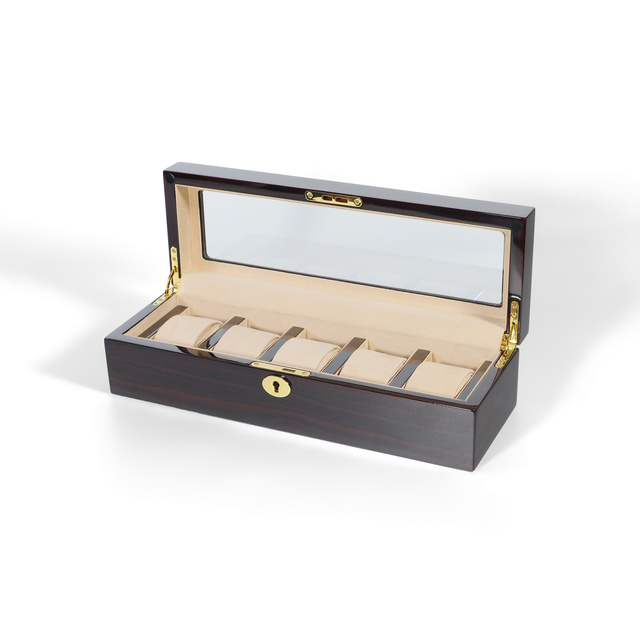 Luxury Red Ebony Wood Grain High Gloss 5 Slot Watch Storage Box Camel Suede Lining Premium MDF Watch Display Case Packaging