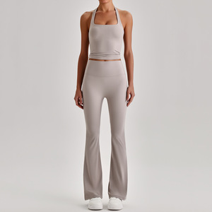 Ensemble de yoga taille haute pour <span class=keywords><strong>femme</strong></span>, effet ventre plat et lifting des fesses, sensation seconde peau, haute extensibilité, pour la gym et le fitness, comprenant un pantalon évasé et un soutien-gorge - Product Image 4