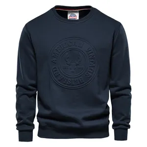 Custom Logo Men O-Neck Casual 3d Embossed 100% Cotton Crewneck Pullover Sweatshirt For Men