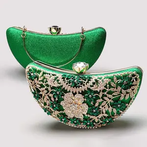 Metal Flower Diamond Handbags Green Bling Dress Bags Women Luxury Rhinestone Evening Bag For Party