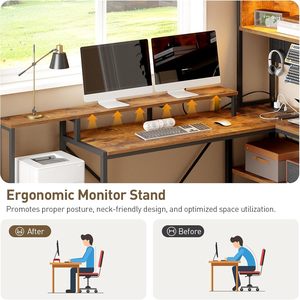 Large Gaming <strong>Desk</strong> Corner Storage Shelves Monitor Stand Home Office <strong>Rustic</strong> Brown L Shaped Computer <strong>Desk</strong> with Drawers - Product Image 4