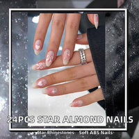 24 faux ongles roses en amande à presser avec strass et nœud, couvrance totale pour doigts