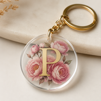 Breloque de sac personnalisée en acrylique floral avec lettre dorée et motif pivoine rose pour événements et commandes de cadeaux en gros