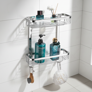 Étagère de rangement métallique à double niveau, rectangulaire, avec crochets, résistante à la rouille, pour salle de bain, 6 cm, détachable, minimaliste - Product Image 2