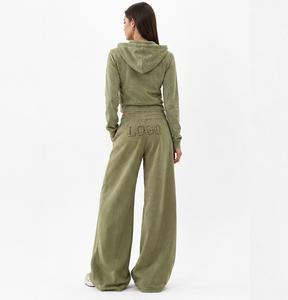 Custom Logo <b>Women</b> 100% Cotton Vintage Washed Tracksuit 2 Piece Zip Cropped Hoodie and Wide Leg Sweatpants Casual Jogger <b>Suit</b> - Product Image 3