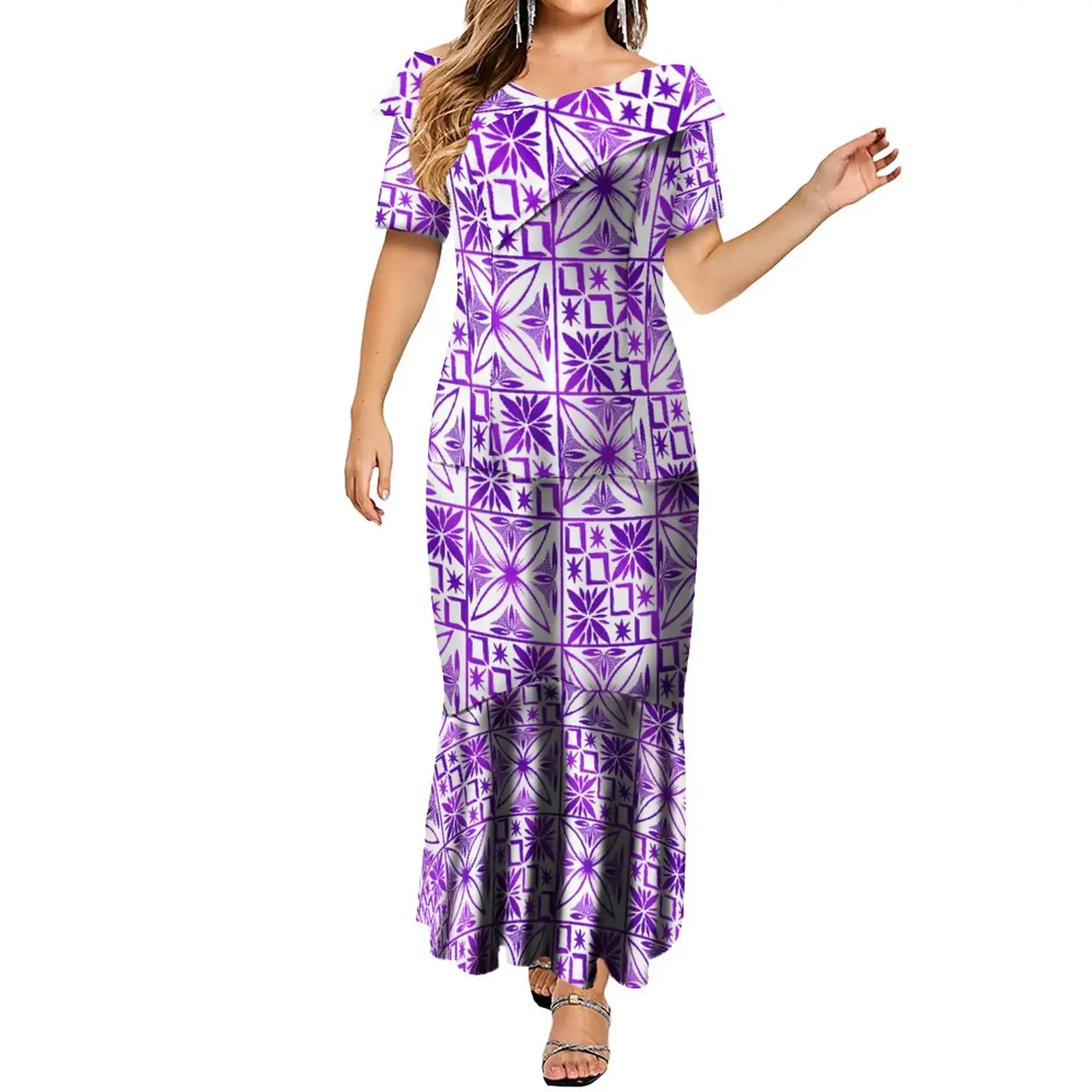 New Wholesale Custom Short Sleeve Mermaid Dress Tapa Print Polynesian Tribal Ladies Dress Plus Size Womens Dresses Vestidos 6XL