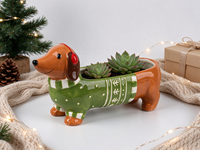 Vente en gros d'usine, pot à fleurs en céramique personnalisé peint à la main, chien teckel de Noël. Conteneur multifonctionnel pour chien Wiener