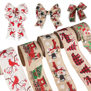 LINGKAI Red Bird <b>Train</b> Buffalo Check Bear Print Burlap Xmas Wired Ribbon <b>for</b> Xmas <b>Tree</b> Decor Gift DIY - Product Image 1