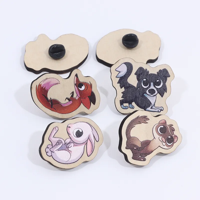 Vigreat Custom Digital Printing Wooden Pin Engraved Cute Lapel Pin Badge Wood Pins Toys