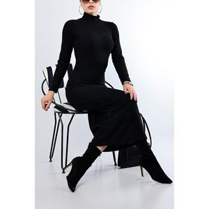 Vestido de Suéter Negro de Cuello Alto para Mujer, Manga Larga, Corte Regular, Estilo Modesto, Vestido de Punto Largo - Product Image 1