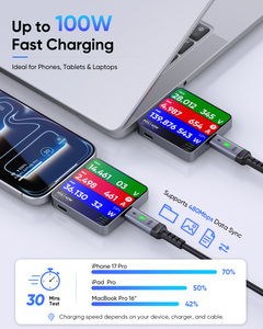 สายชาร์จเร็ว SUNGUY รุ่นใหม่ สายไนลอน 100w USB C พร้อมไฟแสดงสถานะ สำหรับโทรศัพท์ แล็ปท็อป และใช้ในรถยนต์ - Product Image 5