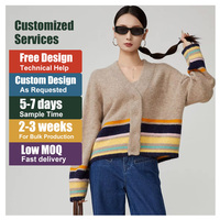 Maßgeschneiderter Damen V-Ausschnitt Knopf-Mohair-Strickcardigan Top 2026 Frühling Locker Sitzender Kontrast-Streifen Pullover Mantel Damen Winterpullover