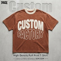 T-shirt Homme OEM ODM à Impression 3D en Relief, Style Rétro Américain Vintage Délavé avec Col Contrastant, Coupe Oversize Streetwear, Fabrication Streetwear Rétro