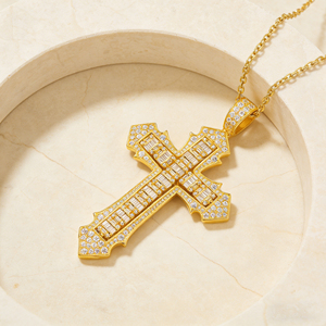 CUSTOM SILVER 10K/14K/18K GOLD PLATED LAB GROWN CVD DIAMOND CLASSIC ENGAGEMENT GIFT SWEATER <b>CHAIN</b> NECKLACE <b>CROSS</b> PENDANT VS - Product Image 2