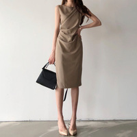 2025 été nouveauté élégant col rond sans manches robes mi-longues Sexy bureau dame minceur droite formelle impression numérique
