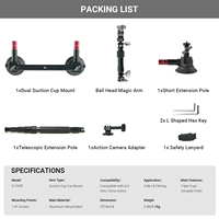 Kit de fixation pour voiture à triple ventouse avec perche à selfie 2-en-1 et support à dégagement rapide usiné CNC pour caméras GoPro Insta360 DJI
