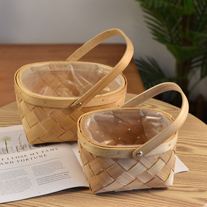 Flower <b>basket</b>, wooden chip, hand-held rattan or bamboo <b>basket</b>, woven pastoral ornament, flower arrangement, potted plant, straw - Product Image 3