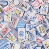 Jeu de tuiles de mahjong américain rayées bleu et blanc, motifs vintage tulipe, hortensia, vase, clé, oiseau, nœud, pour les joueurs de mahjong