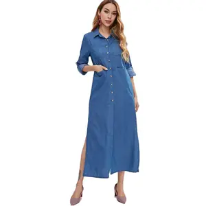 2022 새로운 디자인 여성 느슨한 맞는 긴 발목 길이 긴 소매 포켓 사이드 슬릿 버튼 다운 셔츠 블루 데님 드레스