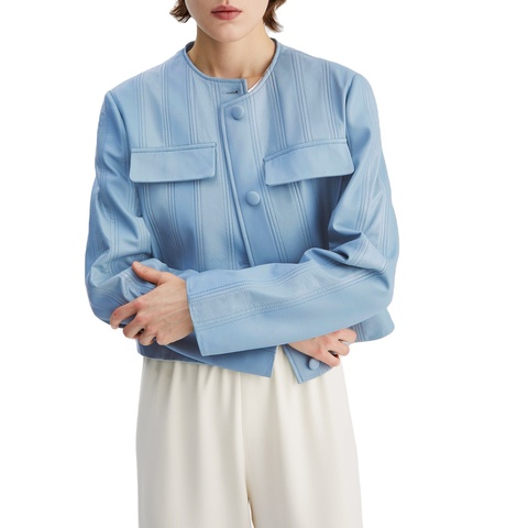 3128 Latest Design Stylish Solid Color Long Sleeves Round Neck Short Women's Leather Jacket Ladies