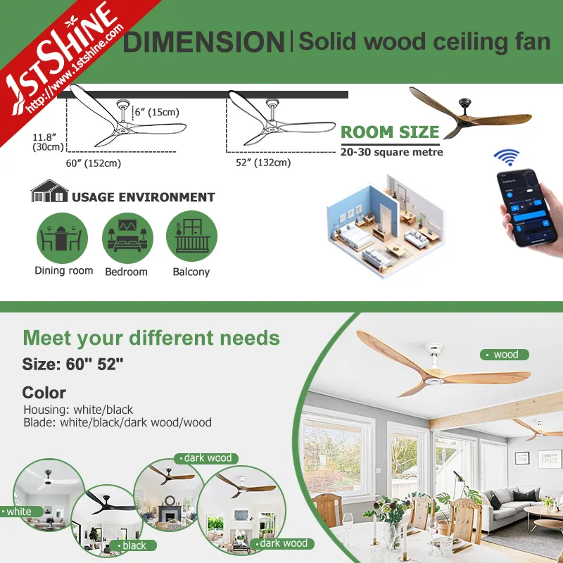 1stshine ceiling fan special promotion quiet copper motor 3 wooden blades 60" no light ceiling fan with smart APP control