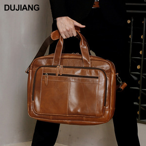Dujiang Genuine Leather Men's <b>Briefcase</b> 17 Inch Business Travel Laptop Bag Durable Solid Color - Product Image 1