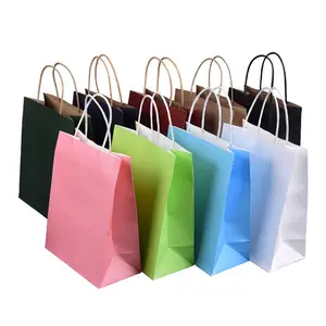批发可重复使用购物纸袋带丝带手柄带标志礼品花束包装礼品牛皮纸袋