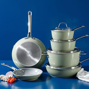 Juego <span class=keywords><strong>de</strong></span> 10 Piezas <span class=keywords><strong>de</strong></span> Utensilios <span class=keywords><strong>de</strong></span> Cocina y Sartenes <span class=keywords><strong>de</strong></span> Aluminio Forjado con Revestimiento Antiadherente <span class=keywords><strong>de</strong></span> Cerámica - Verde - Compatible con Inducción - Product Image 2