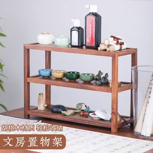 Walnut wood tea set storage rack, solid wood three-tier <b>shelf</b>, <b>desktop</b> living room decoration, antique display <b>shelf</b>, teapot - Product Image 1