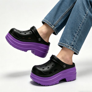 Sabots compensés color block pour femme, <span class=keywords><strong>noir</strong></span> et violet, talon de 9 cm, style <span class=keywords><strong>Crocs</strong></span> respirant en EVA, pour l'été et la plage - Product Image 1