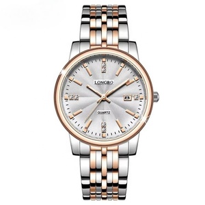 Montre de couple de luxe assortie, bracelet en acier inoxydable bicolore, élégante, décontractée, lumineuse, étanche, à quartz avec fenêtre de calendrier - Product Image 2