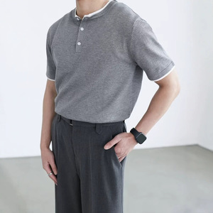 Men's Gray Short Sleeve Henry Polo Shirt Solid Color Breathable Base Layer <b>Top</b> For Teenagers - Product Image 1