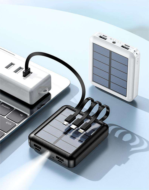 Wholesale Solar Powered Plastic Power Bank Mini Convenient 4-1 Built-in Cable Type-C 10W 20000mAh
