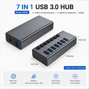 ฮับ USB 3.0 แบบ <span class=keywords><strong>7</strong></span> พอร์ต พร้อมสวิตช์แยกอิสระ <span class=keywords><strong>7</strong></span> ตัว ตัวแยกสัญญาณหลายพอร์ตอะลูมิเนียม พร้อมอะแดปเตอร์แปลงไฟ 12V 2A สำหรับพีซี - Product Image 2