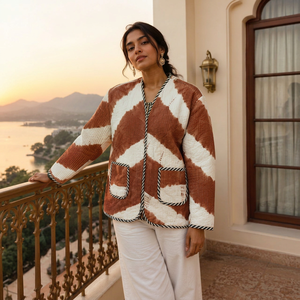 Chaqueta de pana estilo vintage para mujer, cuello en V, con bolsillos, blanca y con bloques de color, ecológica y transpirable - Product Image 1