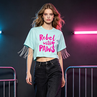 Kaos Wanita Cetak Grafis Katun Kustom Berkualitas Tinggi, Kaos Polos, Kaos Mini Crop dengan Rumbai Metalik untuk Wanita