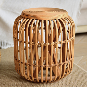 Home Decor Wood Bamboo Rattan Wicker Cylinder <b>Stools</b> Chair Farmhouse Modern Hotel Living Room Furniture - Product Image 1