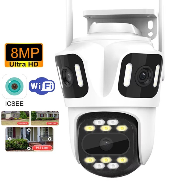 9MP Outdoor WiFi Security Camera 3 Lens Full Color Night Vision Two-Way Audio Cloud Storage PTZ IP65 Waterproof