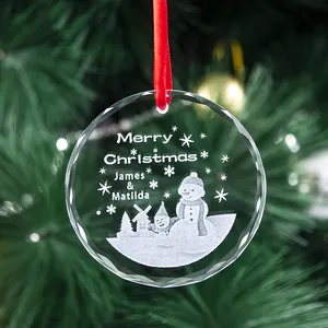 Ornements de Noël ronds en cristal personnalisés en usine gravure laser personnalisée logo 3d pour la décoration d'arbre de Noël