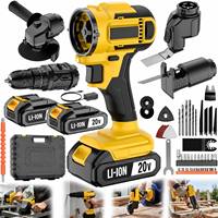 Kit combiné d'outils électriques sans fil 4-en-1 20V Lithium avec chargeur : Meuleuse d'angle, Perceuse, Scie sauteuse, Outil multifonction oscillant