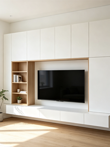 Meuble TV mural moderne et minimaliste en bois grainé avec rangement pour salon - Product Image 2