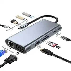 10 1 çok fonksiyonlu genişleme Dock tipi C USB 3.0 genişletici 100M RJ45 Ethernet VGA dizüstü dönüştürücü HUB