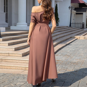 Abito da sposa lungo marrone semplice caffè con cintura da <span class=keywords><strong>donna</strong></span> con paillettes alla moda Eid Party vestito a spalla nuda - Product Image 6