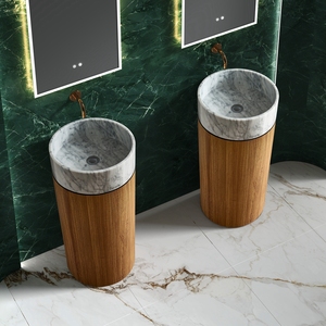 อ่างล้างหน้าแบบตั้งพื้นพร้อมฐานสแตนเลสลายไม้และอ่างหินอ่อนสีขาว - Product Image 6
