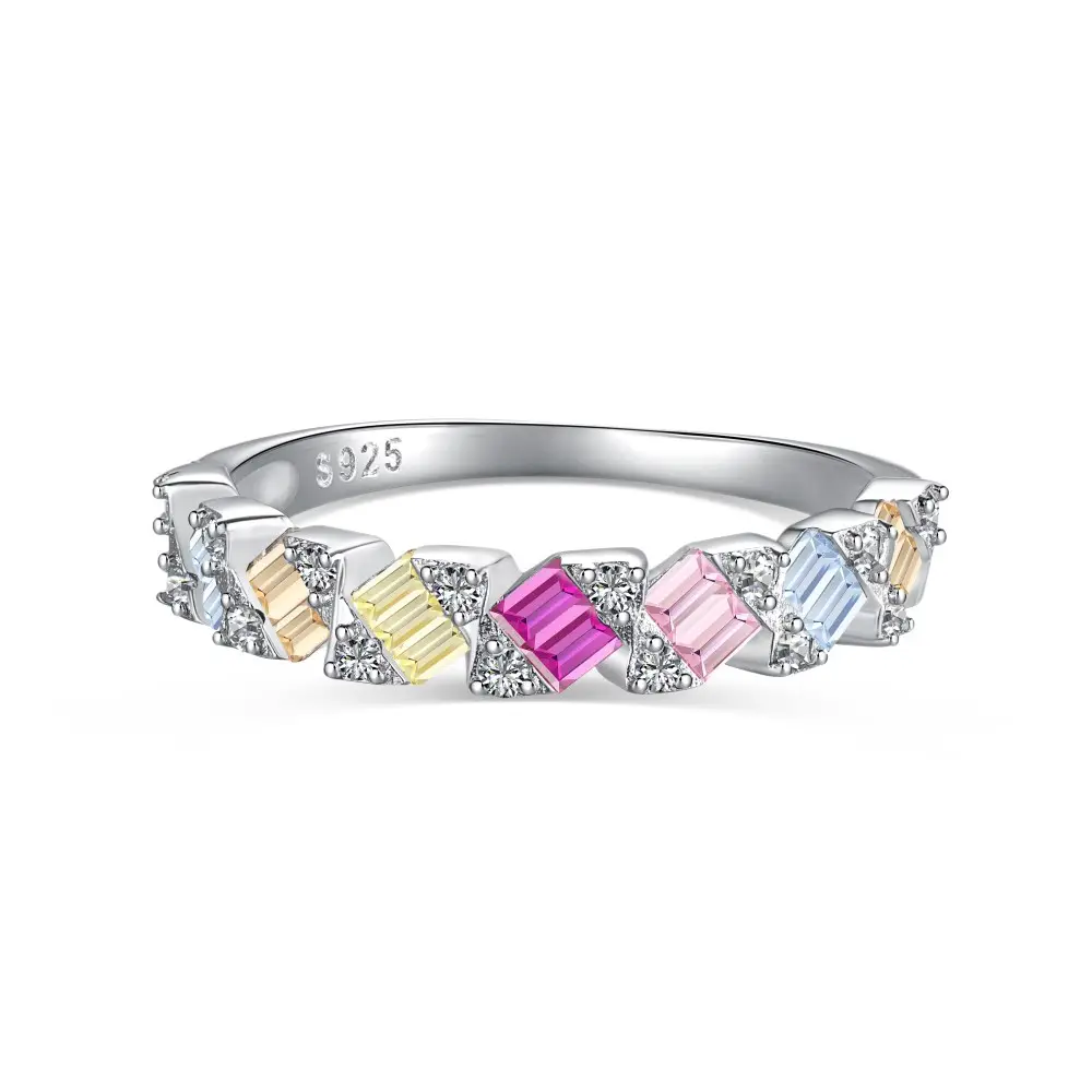 Entrega rápida colorido 925 anillo de plata esterlina eternidad banda Arco Iris Rosa diamante boda Cz Cubic Zirconia anillos joyería Mujer