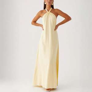 कस्टम आकस्मिक गर्मी चमक आस्तीन ठोस पीले हल्टर कॉलर बैकलेस साम्राज्य कमर सांस लेने योग्य पर्यावरण अनुकूल सूती लिनन मैक्सी - Product Image 4