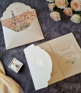 Ensemble d'invitations de mariage de poche à trois volets différent lieu tirage au sort enveloppe de poche texturée Rsvp Invitations de mariage ivoire - Product Image 2