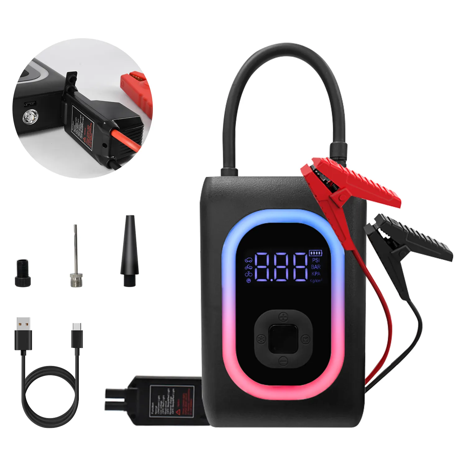 Best portable tire inflator and jump starter cars with built-in 12000Mah high rate lithium battery digital LED screen